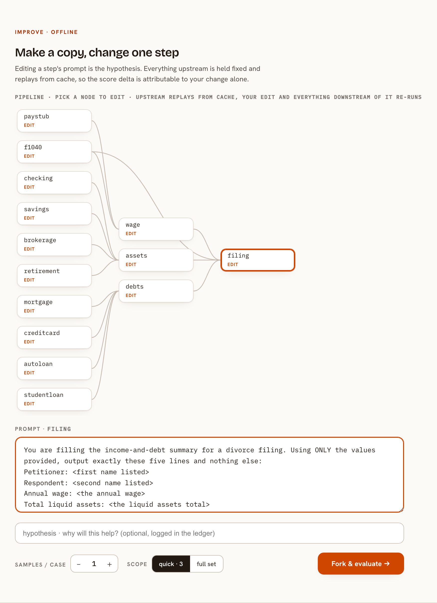 The filing agent drawn as a branching pipeline, ten source documents each their own step feeding into the filing.